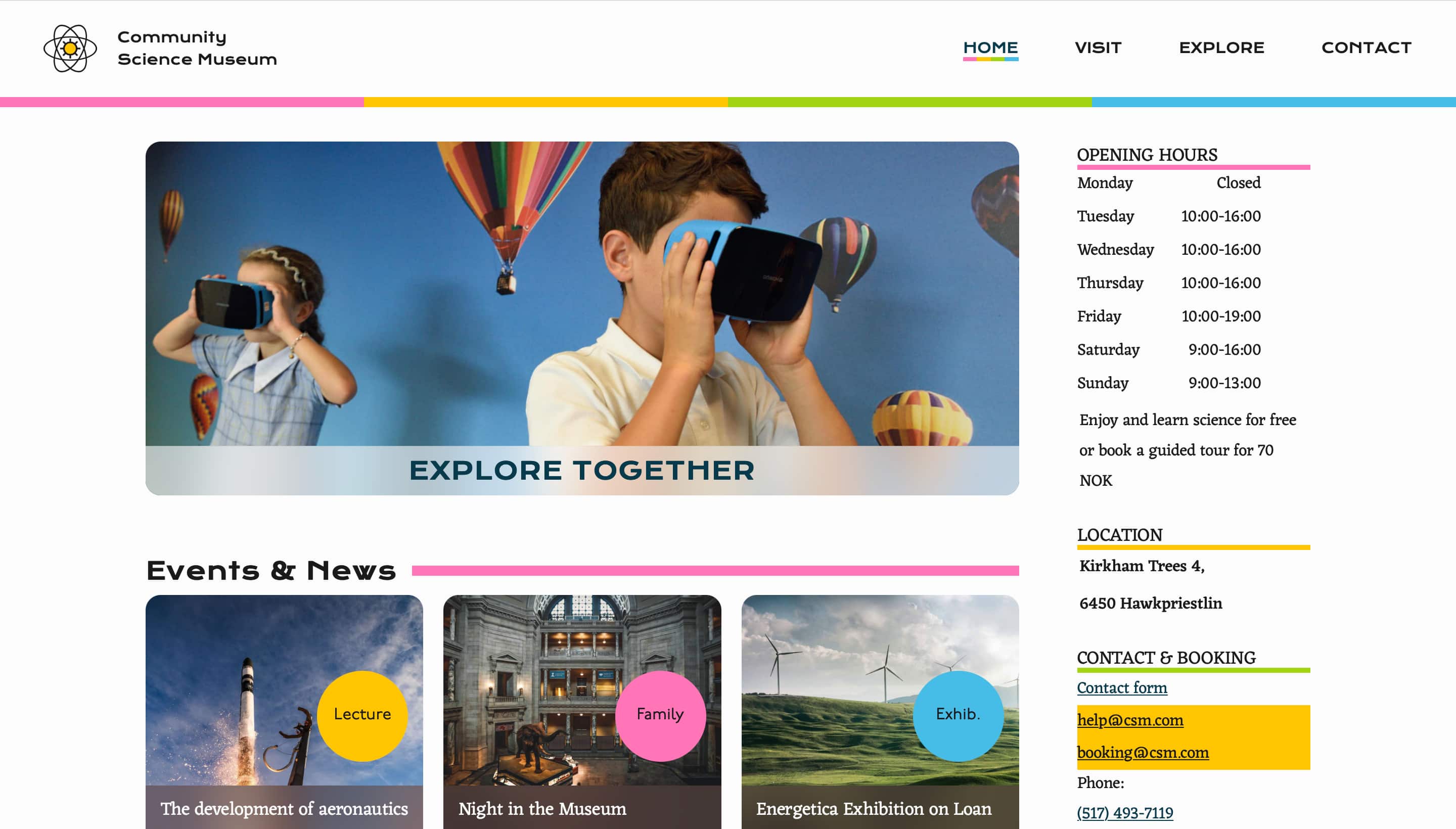 frontpage of the community science museum webpage
